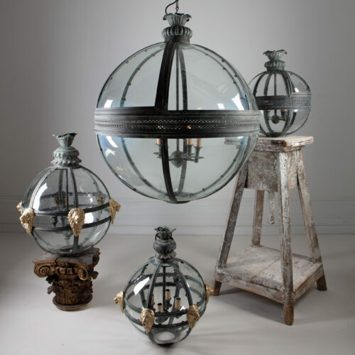 large hanging globe lantern - brass in a verdigris finish