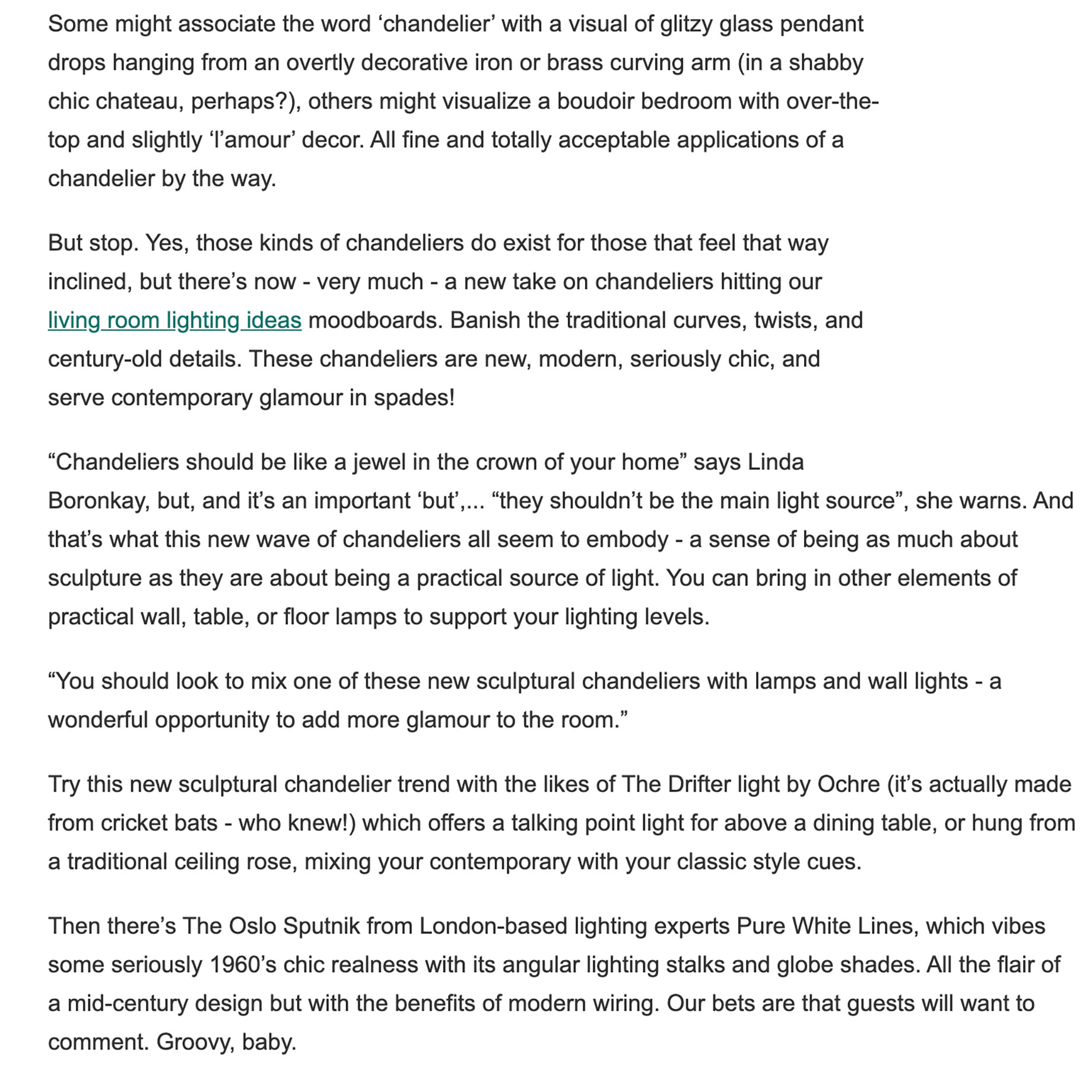 Pure White Lines Oslo sputnik light dans le magazine Living Etc