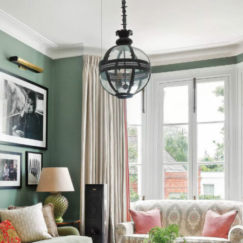 Homes and Gardens February 2022 - Ham Interiors - Pure White Lines Hampstead lantern in verdigris