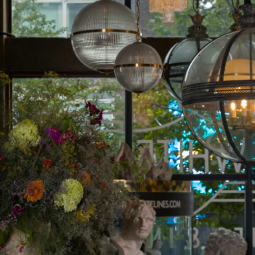 Parisian holophane globe pendant lights at Mare Street Market