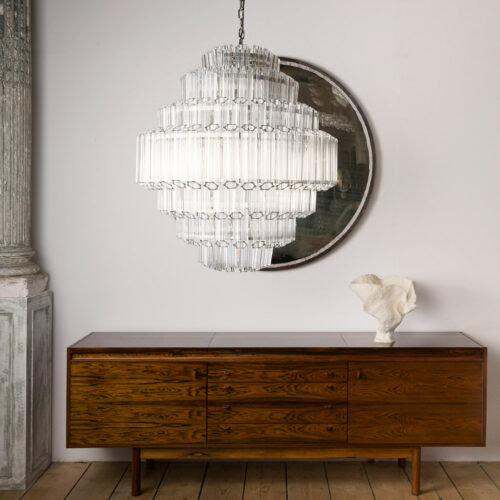 large stairwell chandelier in clear glass