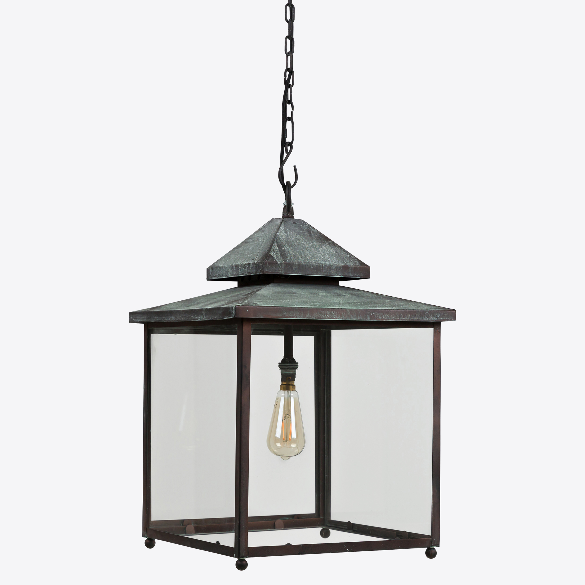 Keats square hanging lantern in bronze verdigris