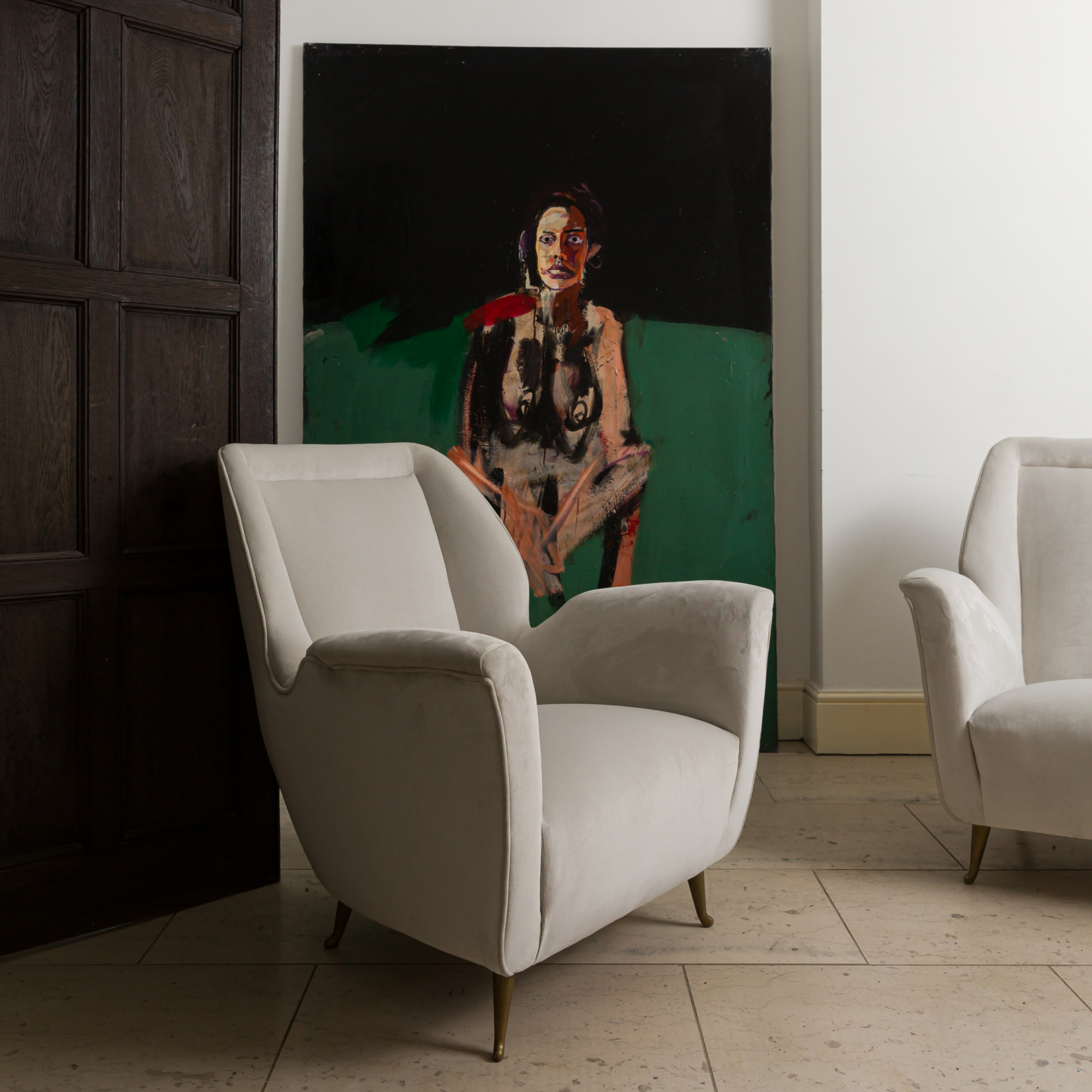 Serge Labegorre art Jessica Anselm Pure White Lines fauteuil vintage en velours Vellum par Linwood