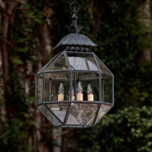 Parnham geometric hanging lantern designed by James Perkins of Parnham Park - made of solid brass in a Bronze Verdigris finish