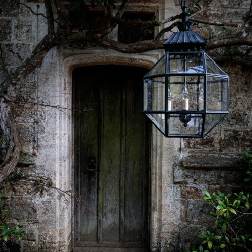 Parnham geometric hanging lantern designed by James Perkins of Parnham Park - made of solid brass in a Bronze Verdigris finish