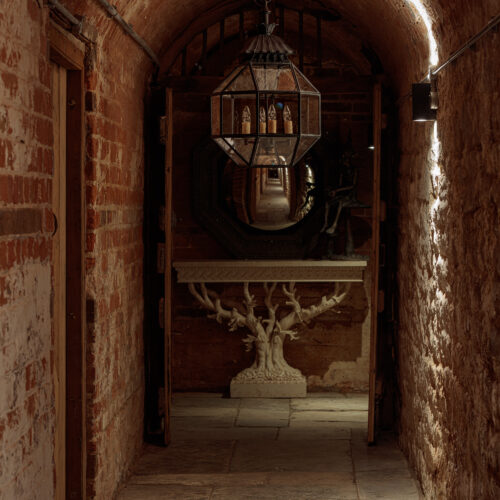 Parnham geometric hanging lantern designed by James Perkins of Parnham Park - made of solid brass in a Bronze Verdigris finish