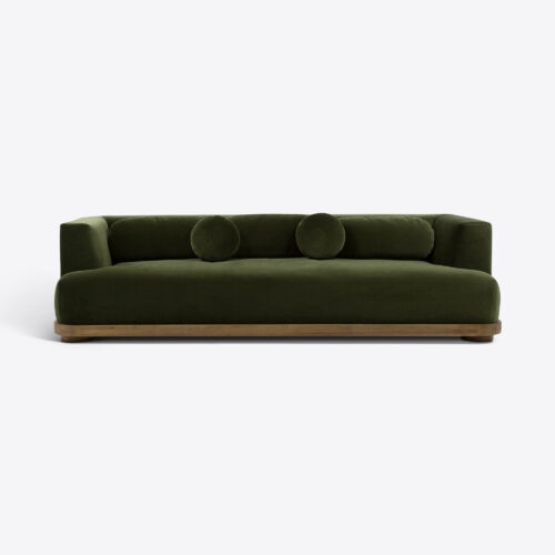 Juliet mid-century sofa in olive green velvet with oak plinth base
