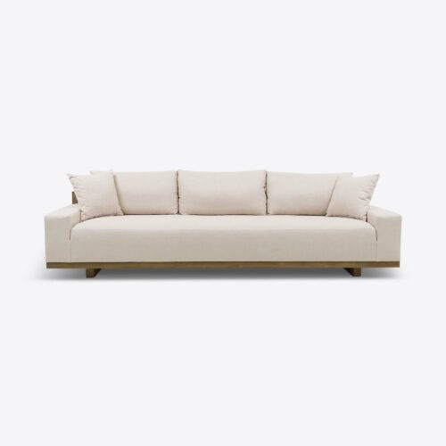 Bondi three seater sofa in linen with wooden back panel