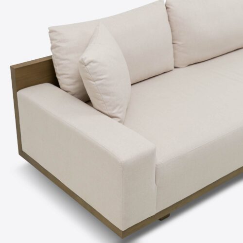 Bondi three seater sofa in linen with wooden back panel