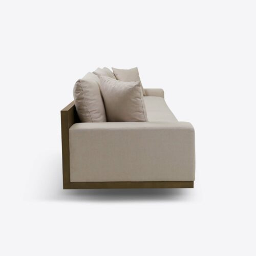 Bondi three seater sofa in linen with wooden back panel