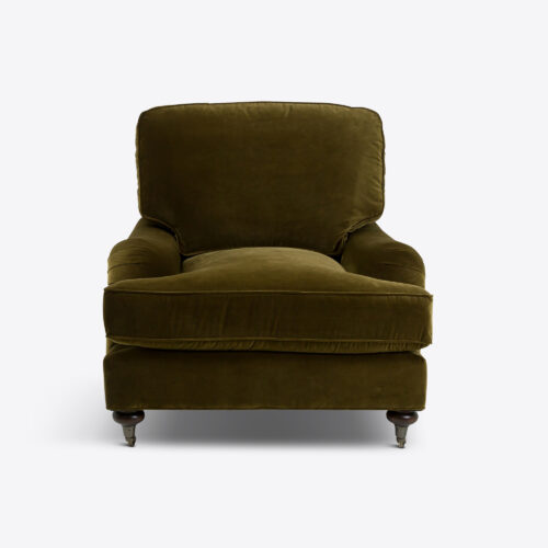 moss green velvet traditional armchair on castors