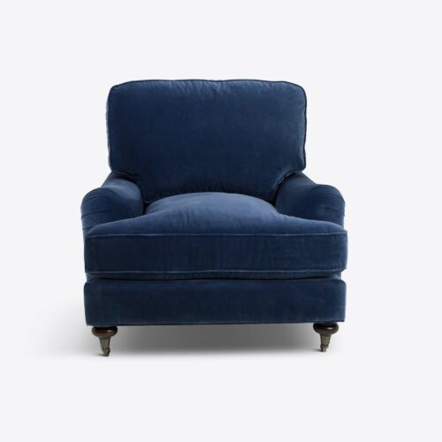 cornflower blue velvet traditional armchair on castors