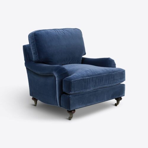 cornflower blue velvet traditional armchair on castors