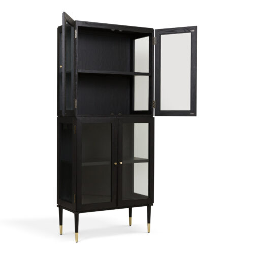 Richmond mid-century inspired oak ebonised glazed tall drinks cabinet