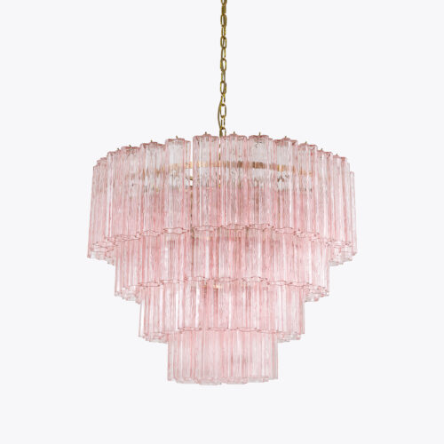 Treviso mid-century inspired tiered glass chandelier in clear smoked quartz or pink glass