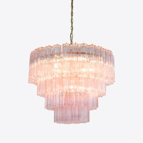 Treviso mid-century inspired tiered glass chandelier in clear smoked quartz or pink glass