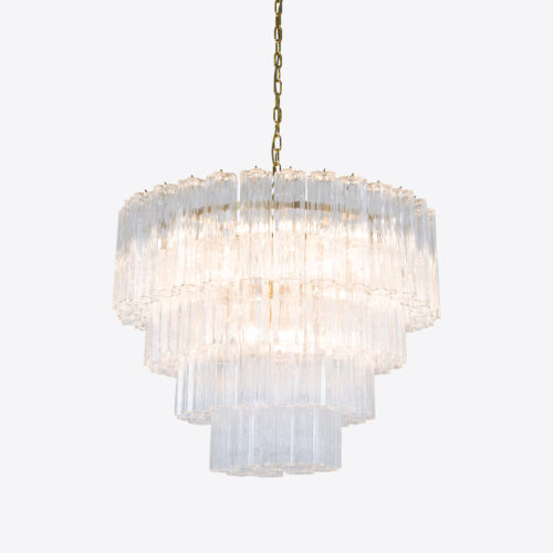 Treviso mid-century inspired tiered glass chandelier in clear smoked quartz or pink glass