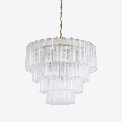 Treviso mid-century inspired tiered glass chandelier in clear smoked quartz or pink glass