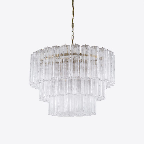 Treviso mid-century inspired tiered glass chandelier in clear smoked quartz or pink glass