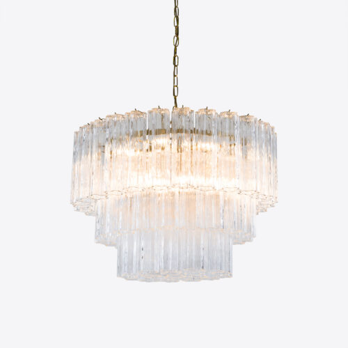 Treviso mid-century inspired tiered glass chandelier in clear smoked quartz or pink glass