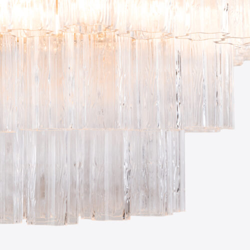 Treviso mid-century inspired tiered glass chandelier in clear smoked quartz or pink glass