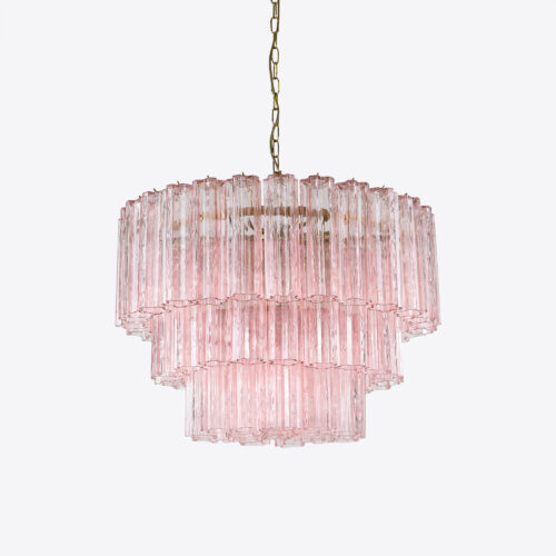 Treviso mid-century inspired tiered glass chandelier in clear smoked quartz or pink glass