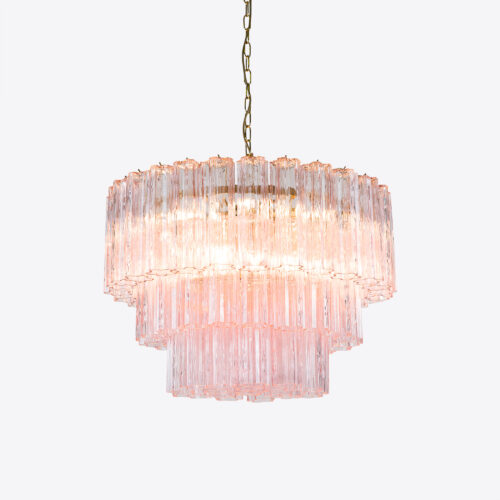 Treviso mid-century inspired tiered glass chandelier in clear smoked quartz or pink glass