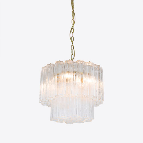 Treviso mid-century inspired small tiered glass chandelier in clear smoked quartz or pink glass