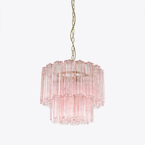 Treviso mid-century inspired small tiered glass chandelier in clear smoked quartz or pink glass