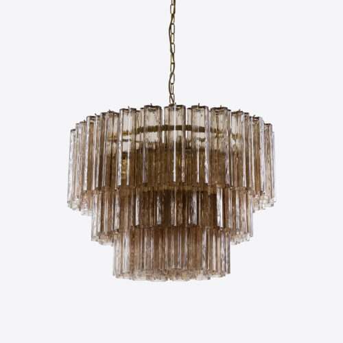 Treviso mid-century inspired tiered glass chandelier in clear smoked quartz or pink glass