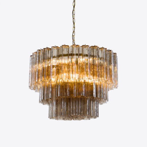 Treviso mid-century inspired tiered glass chandelier in clear smoked quartz or pink glass