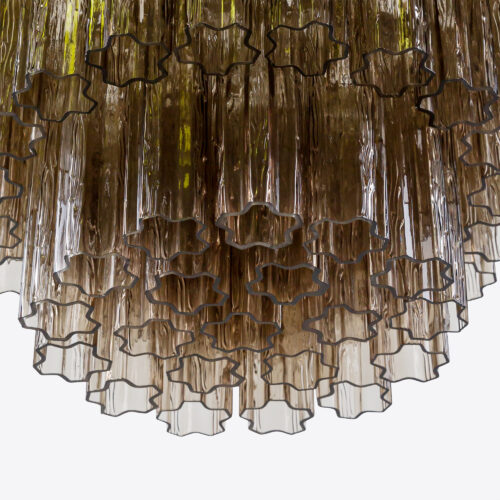 Treviso mid-century inspired tiered glass chandelier in clear smoked quartz or pink glass