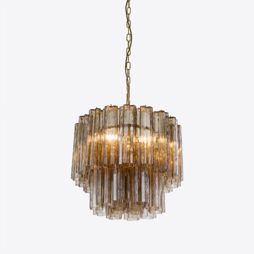 Treviso mid-century inspired small tiered glass chandelier in clear smoked quartz or pink glass