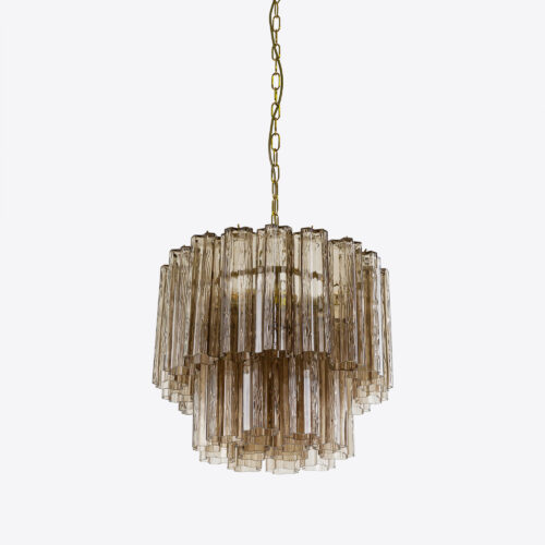 Treviso mid-century inspired small tiered glass chandelier in clear smoked quartz or pink glass