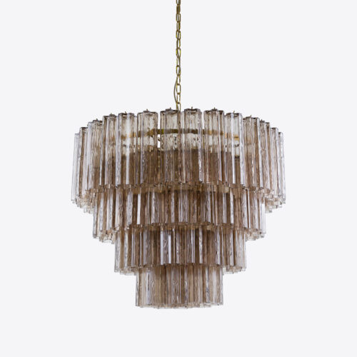 Treviso mid-century inspired tiered glass chandelier in clear smoked quartz or pink glass