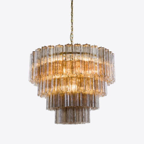 Treviso mid-century inspired tiered glass chandelier in clear smoked quartz or pink glass